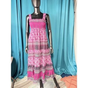 Chaudry by kc Tiered Maxi Dress Pink Purple Paisley Print Bohemian Summer M